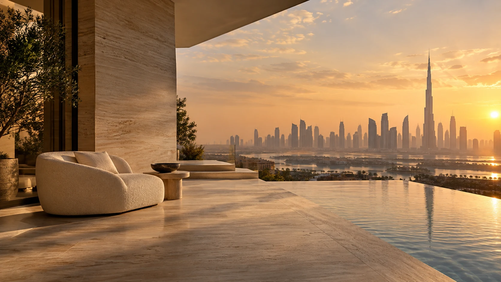 Illustrative luxury terrace overlooking the Dubai skyline at sunset
